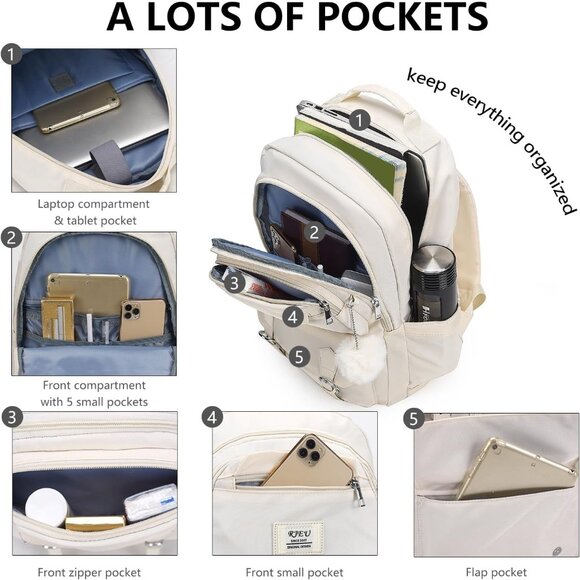 Girls Beige 15.6in Laptop Kids Backpack For Middle School College Students - Picture 3 of 7